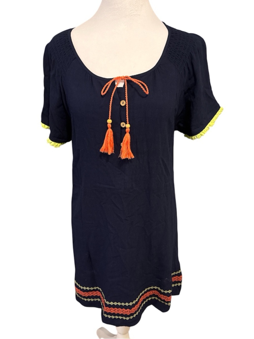 Umgee Navy Mini Dress with Orange Tassels Trim